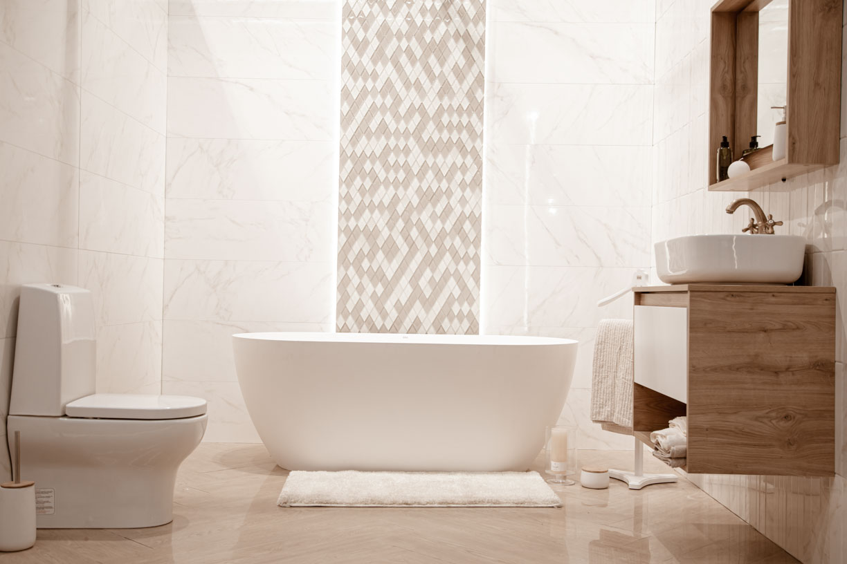 Modern and cozy bathroom interior with decorative elements
